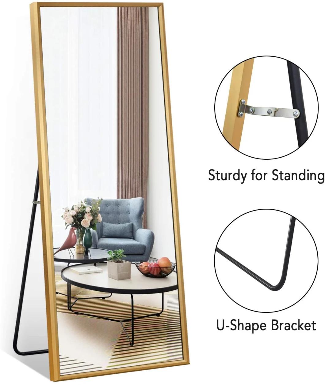 Gold Rectangle Framed Mirror Full Length Dressing Mirror Standing Floor Mirror Full Body with Standing Holder Home Decoration