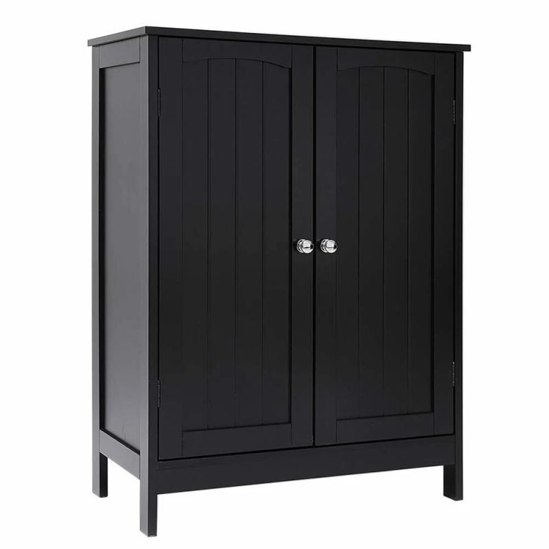 Antique Furniture Black Bathroom Floor Wooden Storage Cabinet Living Room Furniture with 2 Adjustable Shelf