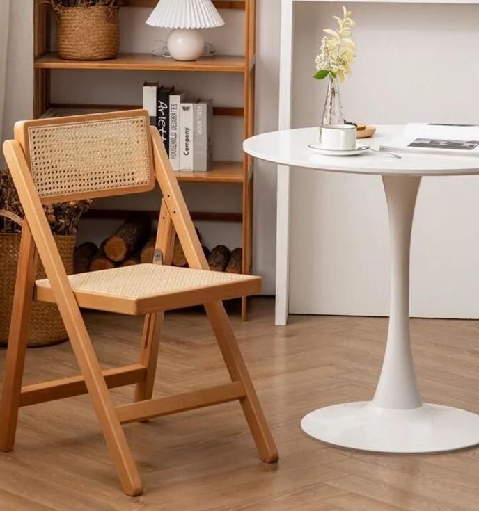 Nordic Furniture Wooden Rattan Folding Dining Chair Natural Rattan Seat