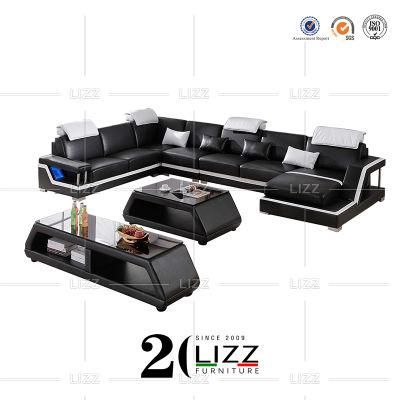 Modern Contemporary Luxury Italian Home Furniture Sectional Geniue Leather Living Room Sofa with TV Stand and Table