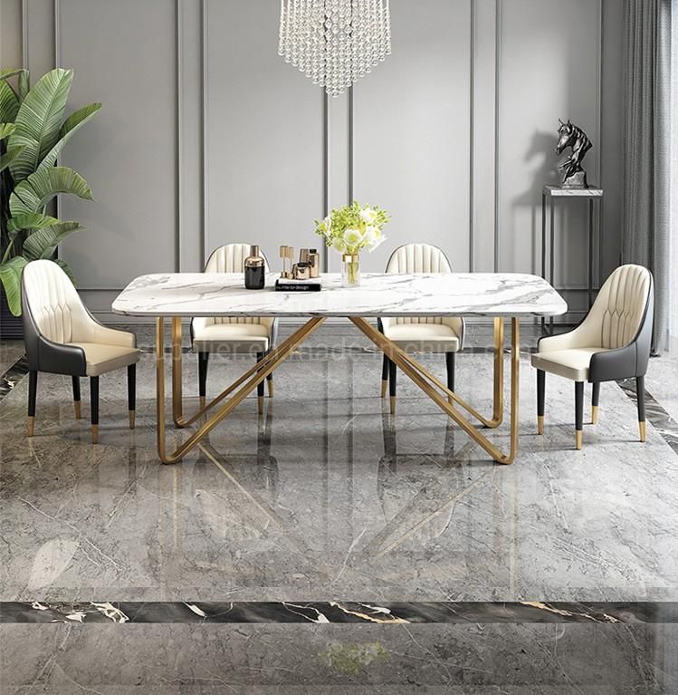 Nordic Glam White Marble Stone Dinner Table with 8 Chairs