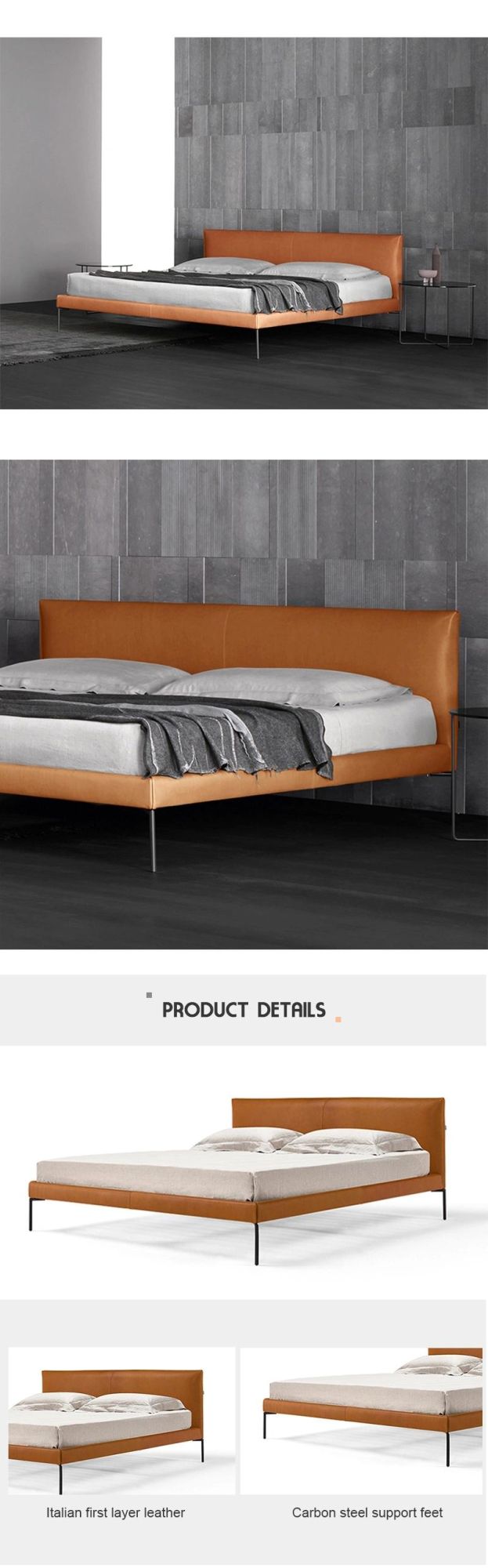 Italian Design 1.8 M Nappa Upholstered Orange Platform Leather Bed