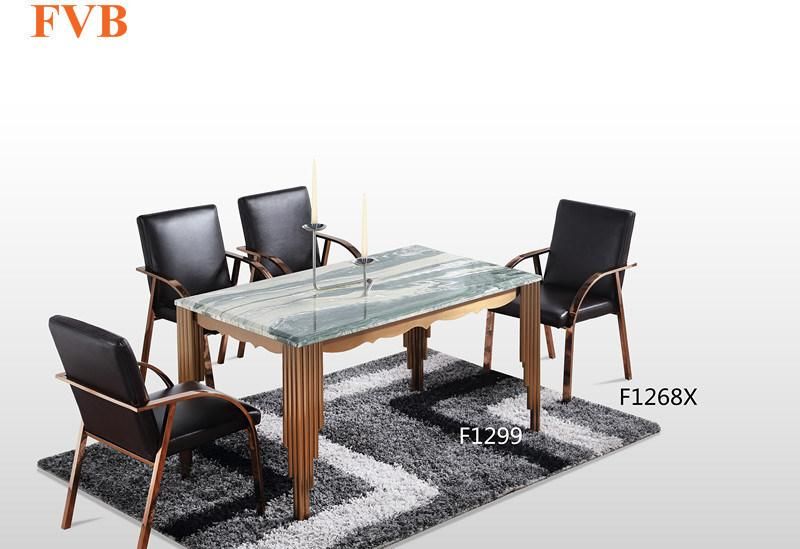 Luxurious Home Furniture Dining Set Marble Table with Rose Metal Frame 6 Chairs Leather