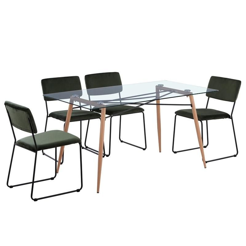 Restaurant Rectangular Tempered Glass Top Dining Table with Metal Legs