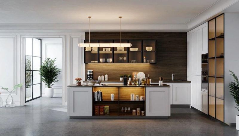 Factory Customized Project Modern Home Aluminium Frame Glass Finish Wooden Kitchen Cabinet