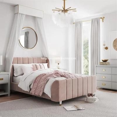 Bedroom Kid Wood Frame Furniture Children Pink Velvet Single Princess Bed