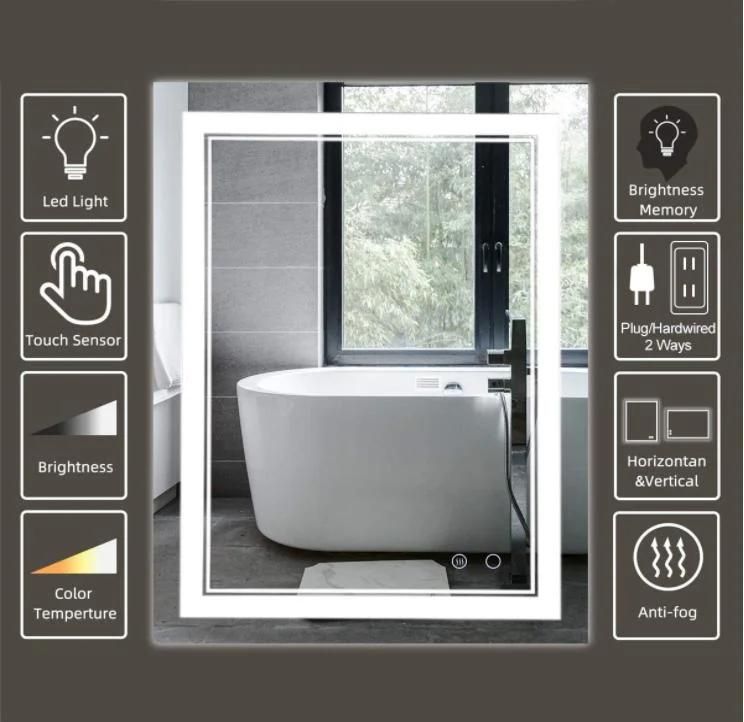 LED Lighted Bathroom Mirror Wall Mounted Bathroom Vanity Mirror Dimmable Touch Switch Control