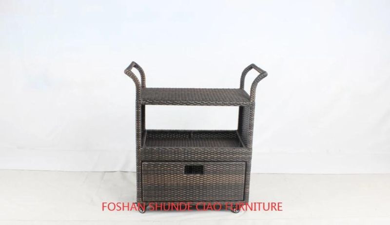 4 Wheels Hotel Restaurant PE Rattan Kitchen Cart Outdoor Furniture with Handle Rack