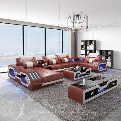 Modern Genuine Leather Sofa Set European Luxury Design with Glass Coffee Table