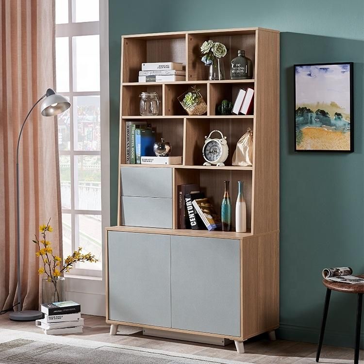 Modern Style Simple Design Wooden Bookcase Brown Storage MDF Book Shelf with Doors Office Furniture