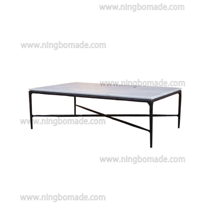 Thaddeus Sculptural Forged Collection White Cloud Marble Top Antique Black Solid Metal Base Rectangle Coffee Table