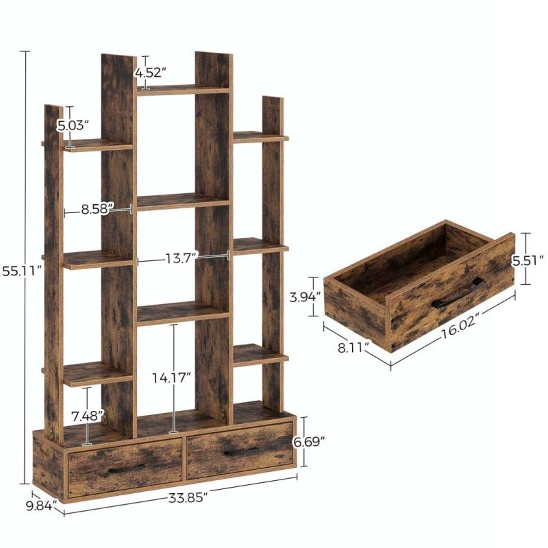 Bookshelf with 2 Wooden Drawers, Rustic Wood Bookshelves, Free Standing Book Shelf Industrial Shelf Free Standing Storage Shelf for Bedroom, Living Room