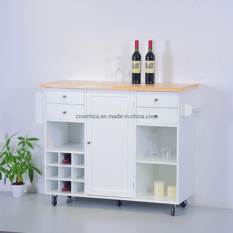 Wooden Kitchen Serving Trolley Cart Storage Rack White Kitchen Island with Wine Rack, Kitchen Furniture, Household Kitchen Cabinet