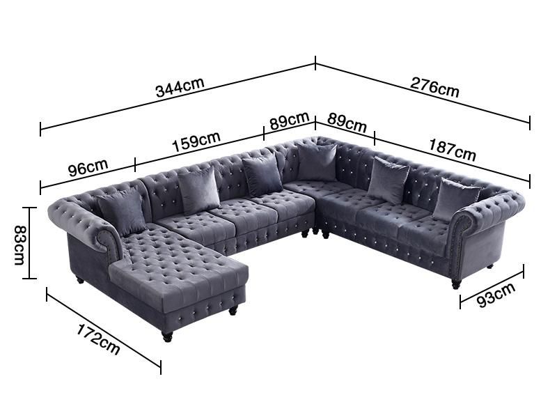 Medium Back Comfortable Modern Home Living Room Furniture Leisure Chesterfield Velvet Fabric U Shape Sofa with Good Quality