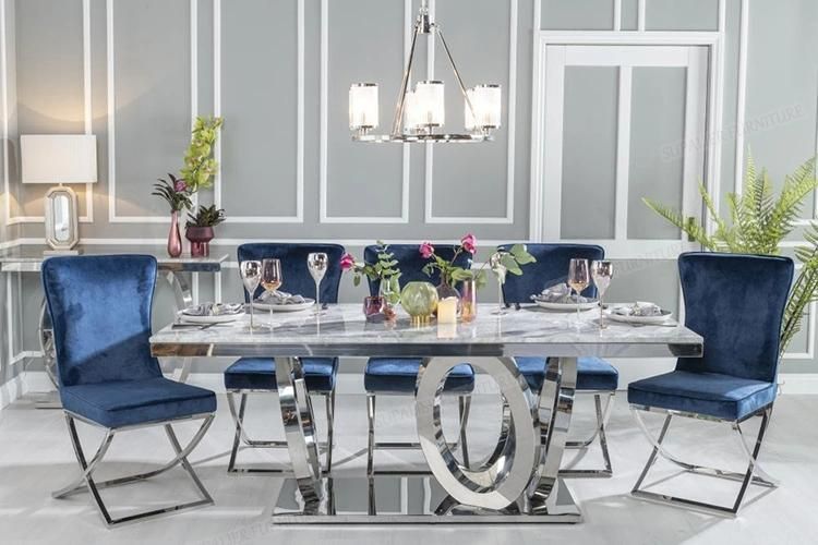 Rectangle Grey Marble Dining Table with Metal Frame for Home