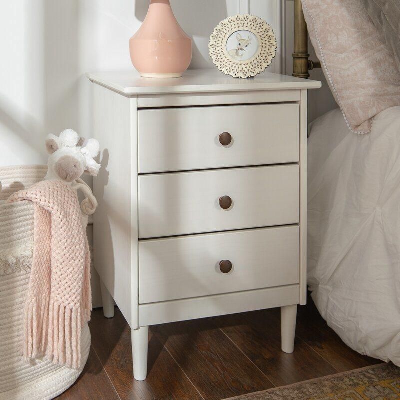 Mirrored Furniture White Bedside Table Solid Wood 3 Drawer Nightstand Bedroom Furniture