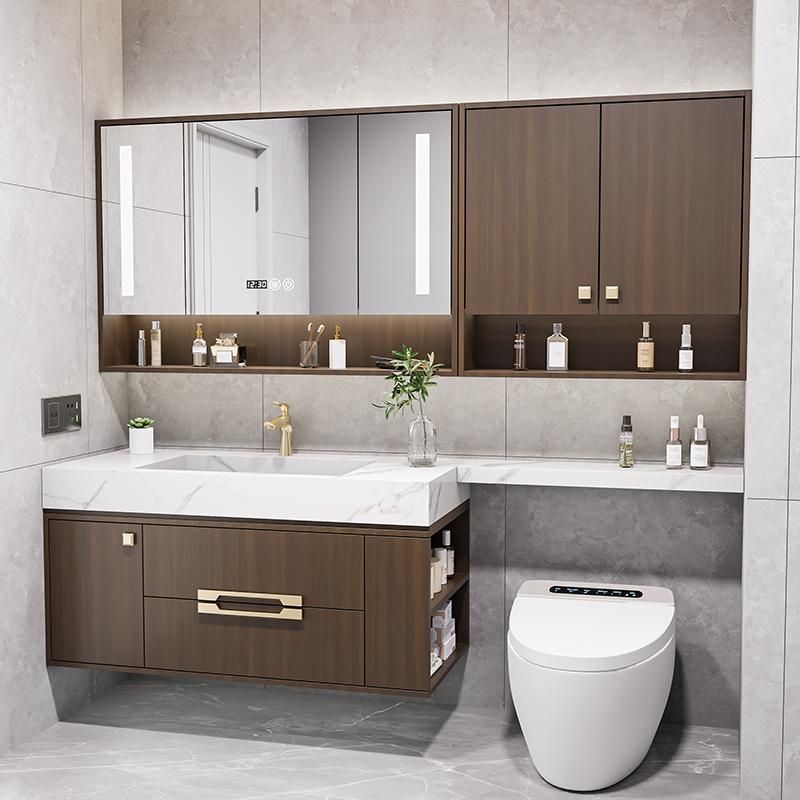Retro Wall Mounted Double Sink Ceramic Wash Basin Sink Bathroom Furniture LED Mirror Cabinet Wood Vanity Cabinet with Rock Plate Sink