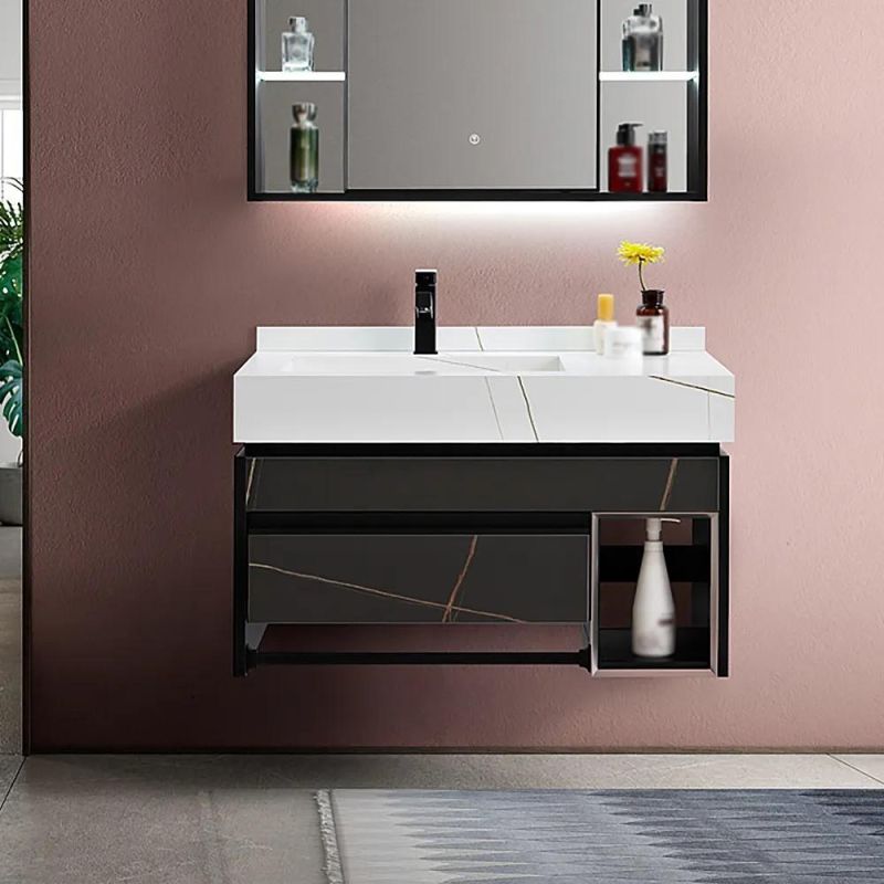 35" Modern White & Black Wall Mounted Bathroom Vanity with Integral Stone Sink