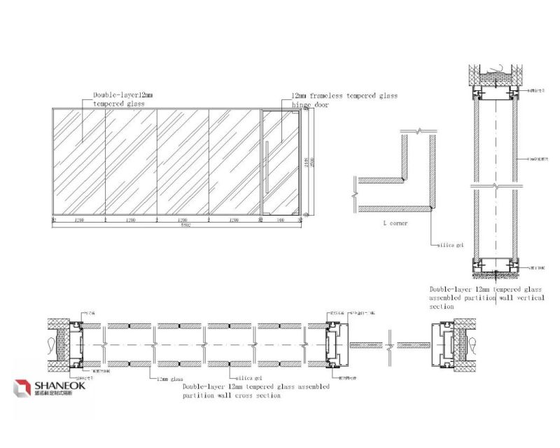 Shaneok Aluminium Profile Office Partition, Double Glass Partition Wall