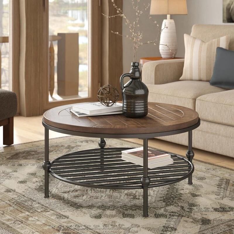 Solid Wood & Metal Frame Modern Round Metal Wrap Coffee Accent Table Living Room