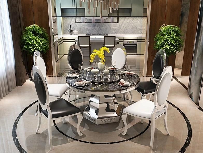 Restaurant Round Black Marble Metal Dining Table of 6 Seaters