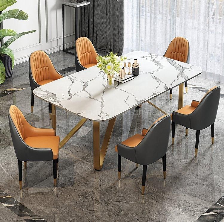 Nordic Glam White Marble Stone Dinner Table with 8 Chairs