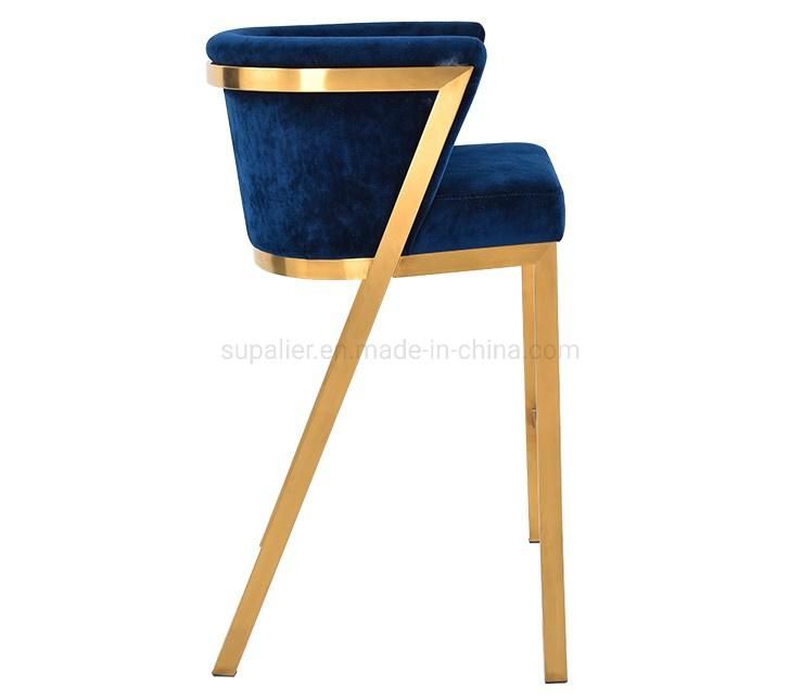 New Design Blue Velvet Bar High Chair with Metal Legs