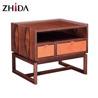 Hotel Walnut Wooden Nightstand in Suede Leather