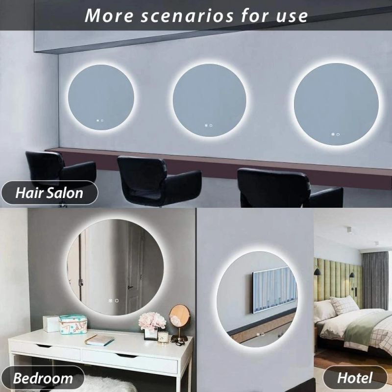 Home Hotel Bathroom Mirror Morden Style Round LED Lights Mirror Wall Mounted Vanity Mirror with Smart Touch Button and Anti-Fog Function Dimmable Makeup Mirror