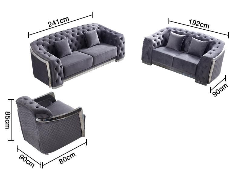 Factory Direct Sell Modern Velvet Home Furniture Set Luxury Leisure Grey Fabric Sofa with Tufted Button