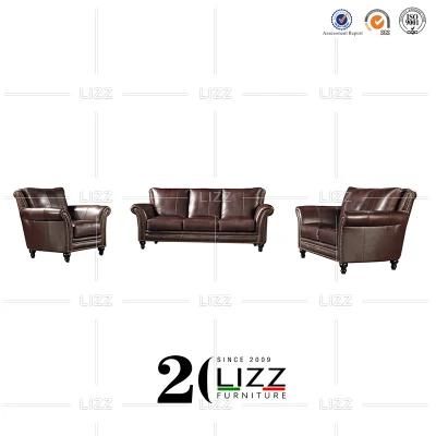 Classical European Wooden Frame Living Room Furniture Modern Sectional Genuine Leather Sofa Set