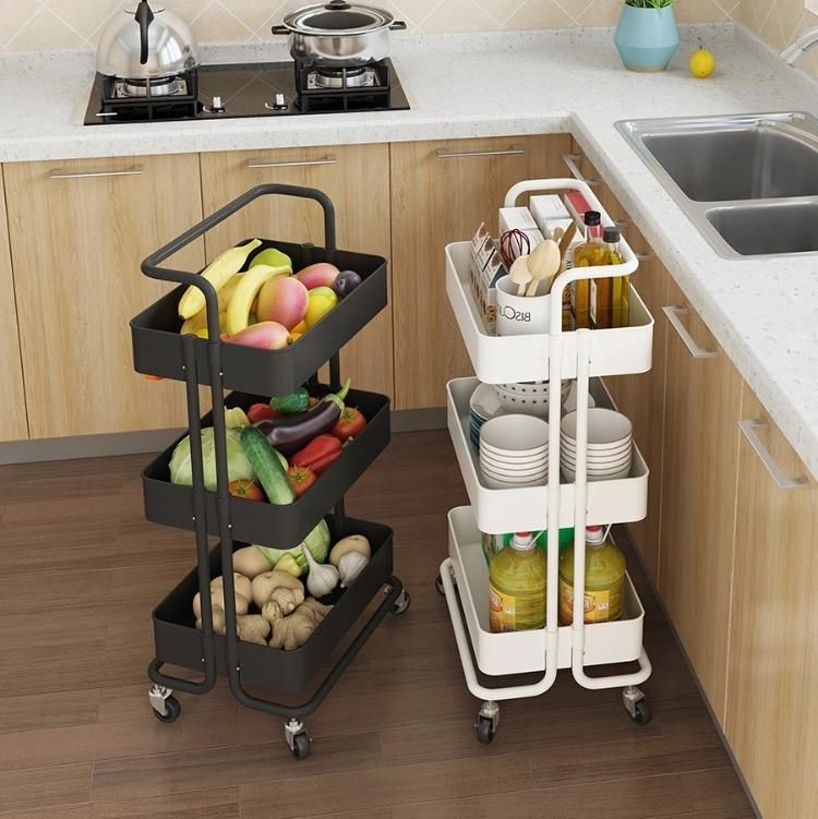 3 Tiers Carts Metal Multifunctional Racks Folding Trolley Utility Kitchen Storage Holders Rolling Car