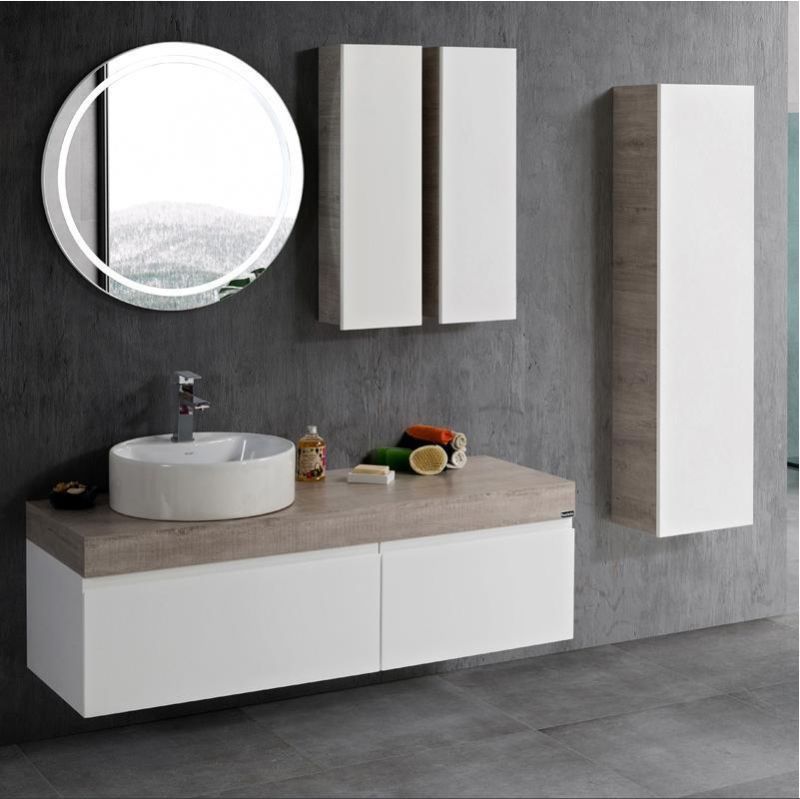 Floating Mounted Bathroom Cabinet Simple European Style Luxury White Ceramic Top Basin Bathroom Vanity with Circle Mirror