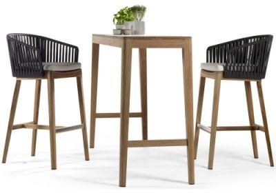 Tall Teak Wood Bar Stool with Black Rope Weaving Back