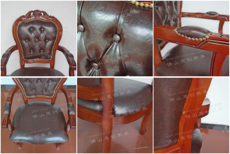 European Style Leather Solid Wood Retro Leather Seat Bag Hotel Restaurant Armrest Dining Chair