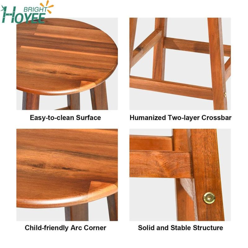 Round Acacia Wood Stool, Bar Stool Solid Wood Chair with Foot Plate, Round Seat with Stable Legs, Ideal for Kitchen, Restaurant, Pub, Bar and Hotel