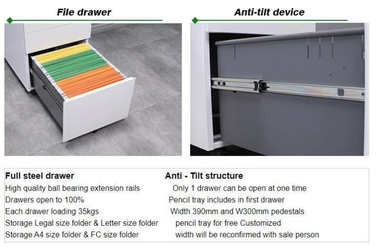 Modern Metal Moving Storage 3 Drawer Colorful Mobile Filing Pedestal Cabinet