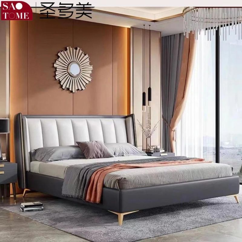 Modern Hotel Bedroom Furniture Dark Kaki Leather Double Bed