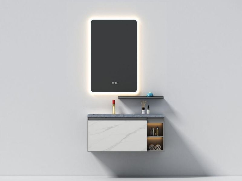White Simple Melamine Bathroom Vanity with Round LED Mirror