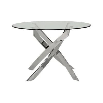 2022 Small Round Clear Tempered Glass Top Dining Table with Silver Chrome Legs