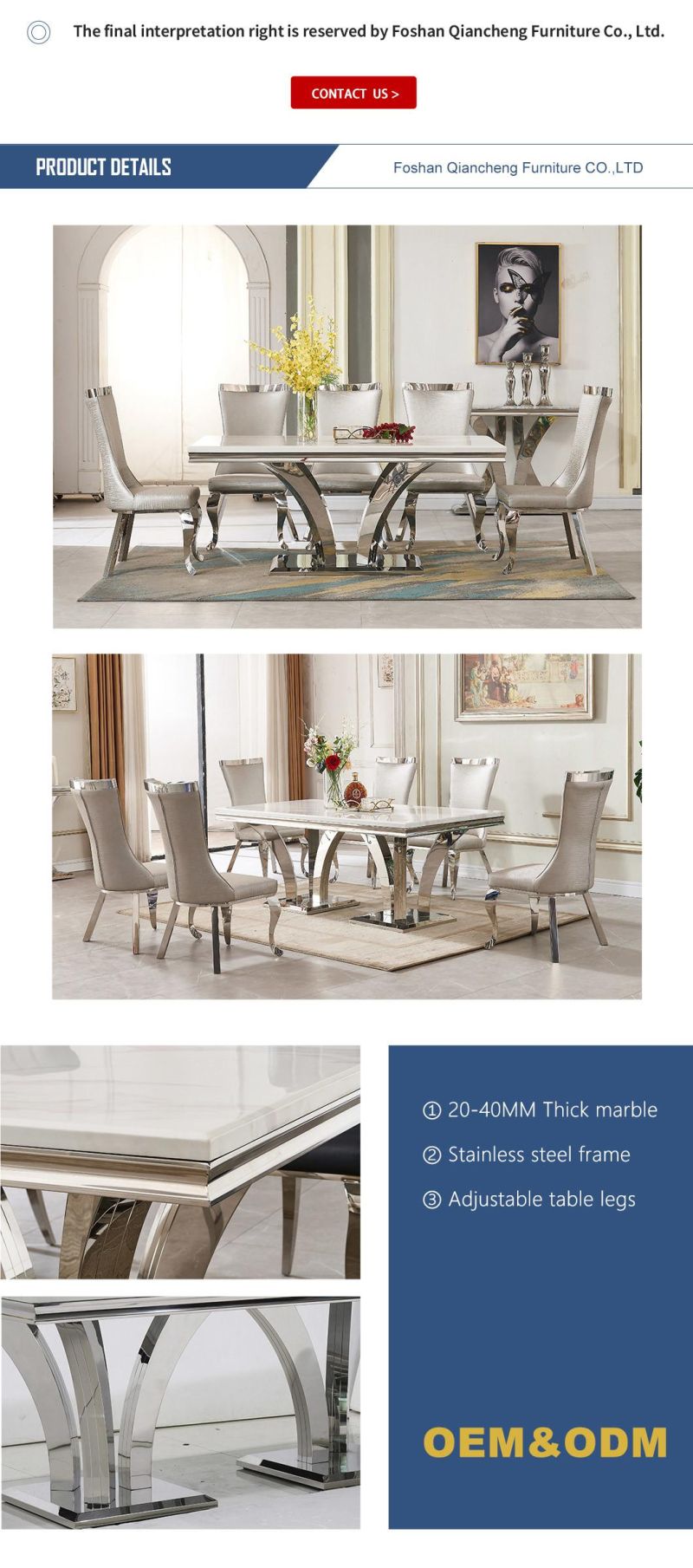 Foshan Modern Dining Room Marble Top Silver Dining Table Set