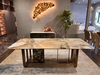 High Quality Luxury Modern Pandora Natural Marble Piano Lacquer Mirror Stainless Metal Restaurant Living Home Dining Table