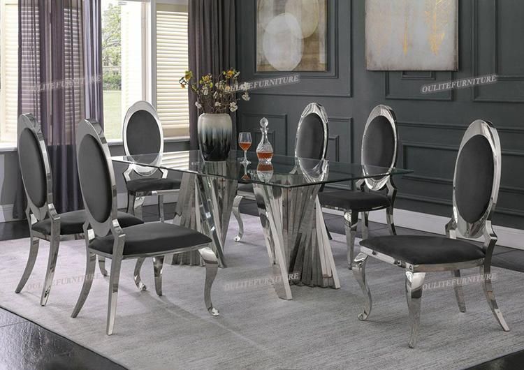 Home Furniture Chrome Legs Glass Top Dining Table with Chairs