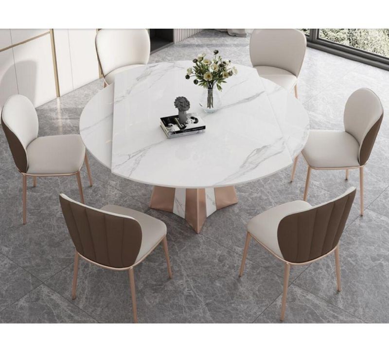 Hot Sale New Modern Best Price Luxury Italian Marble Top Stainless Steel Dining Furniture Set Extendable Dining Tables and Chairs