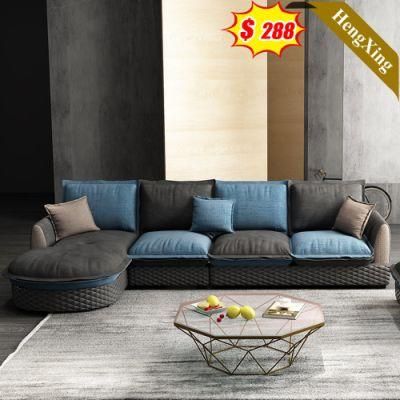 Simple Design Living Room Sofas Set Hotel Lobby Outdoor Gray PU and Blue Fabric L Shape Sofa