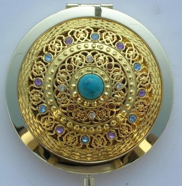 Metalic Antique Compact Pocket Mirror with Diamond Decoration