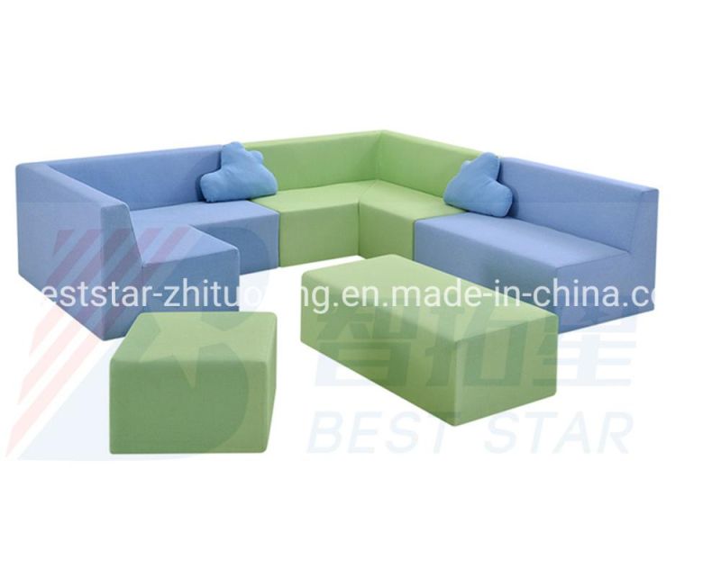 Wooden and Fabric Kids Nursery School Sofa, Modern Home Living Room Sofa, Children Playground Furniture, Preschool and Kindergarten Day Care Center Single Sofa