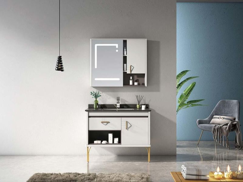 Factory Directly Sell Modern Furniture Mirror White Vanity PVC Bathroom Cabinet with Washing Basin