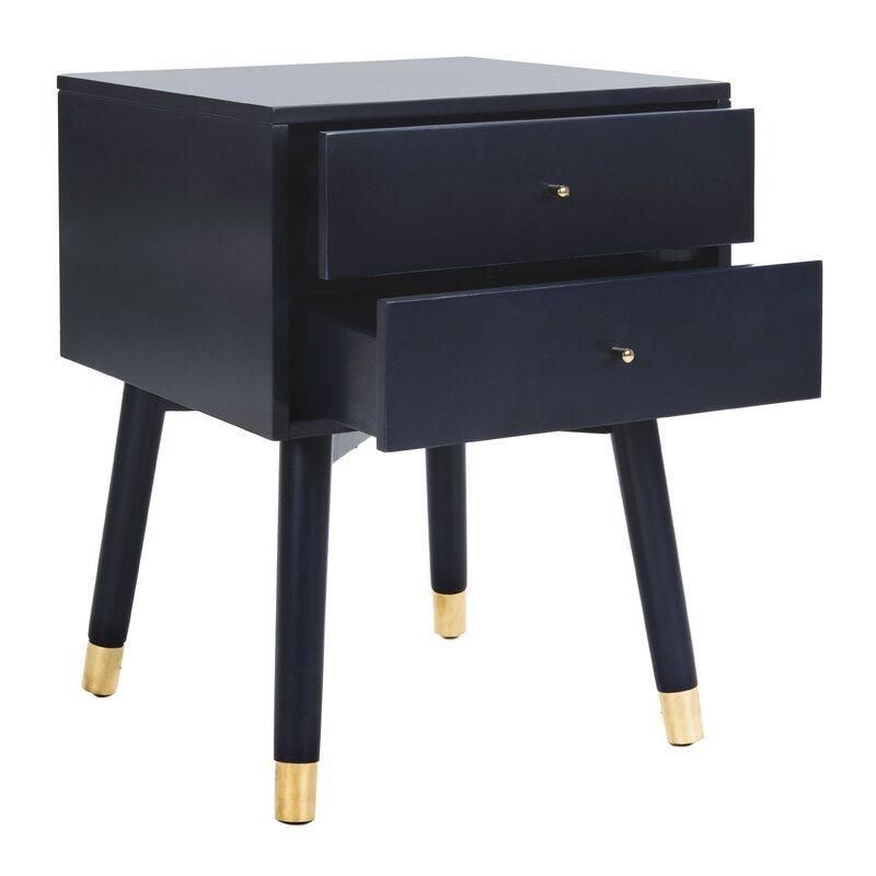 Mirrored Furniture Navy/Gold Bedside Table Wooden 2 Drawer Nightstand End Table Bedroom Furniture