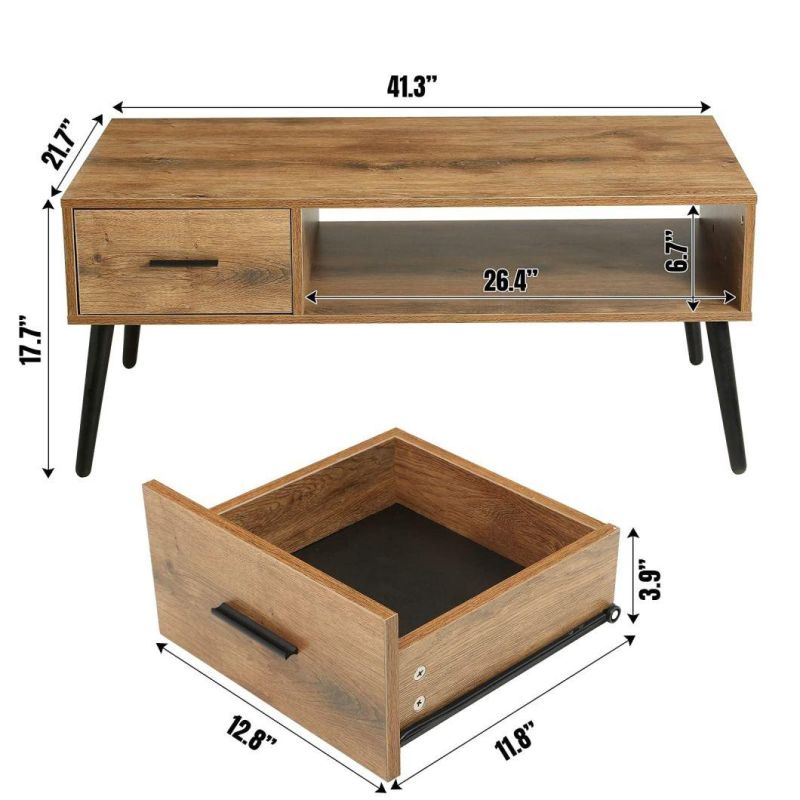 Coffee Table, Industrial TV Table with 1 Drawer and Open Storage Shelf for Living Room, Modern MID-Century Cocktail Table with Stable Pine Leg for Home Office